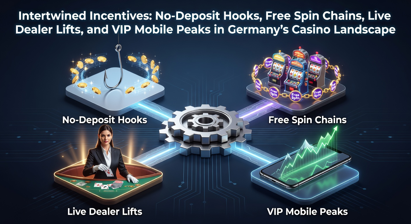 Grafik zeigt verknüpfte Casino-Boni mit No-Deposit-Angeboten, Free Spins und VIP-Features auf mobilen Geräten in Deutschland