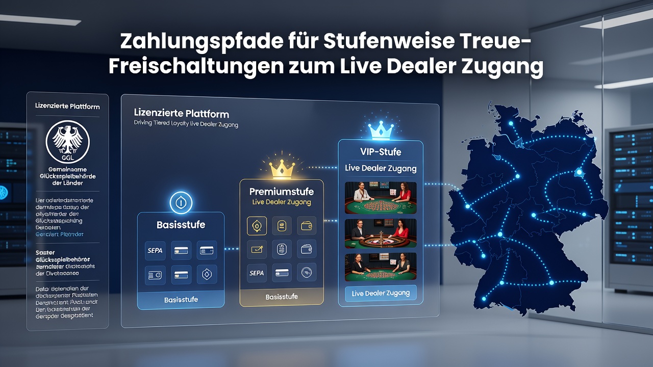 Illustration synchronisierter Zahlungsoptionen die gestaffelte Loyalitätsvorteile und Live-Dealer-Zugang auf deutschen Plattformen unterstützen